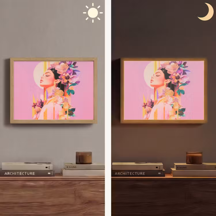 Vrouw - Bloemen - Paars - Abstract Light Box met batterij (Wandlamp) middel -sfeer3