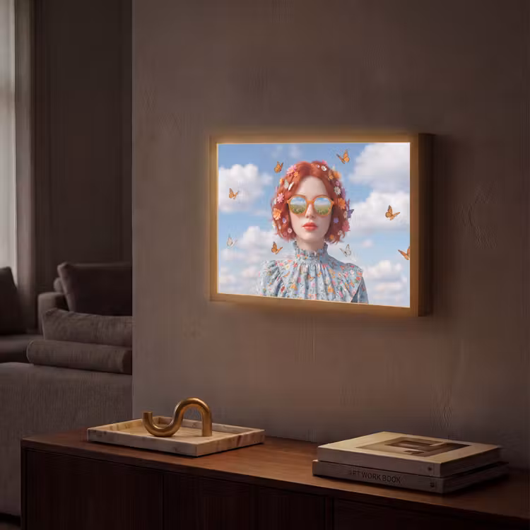 Vrouw - Bloemen - Zomer - Portret - Kleurrijk Light Box met batterij (Wandlamp) middel -sfeer1