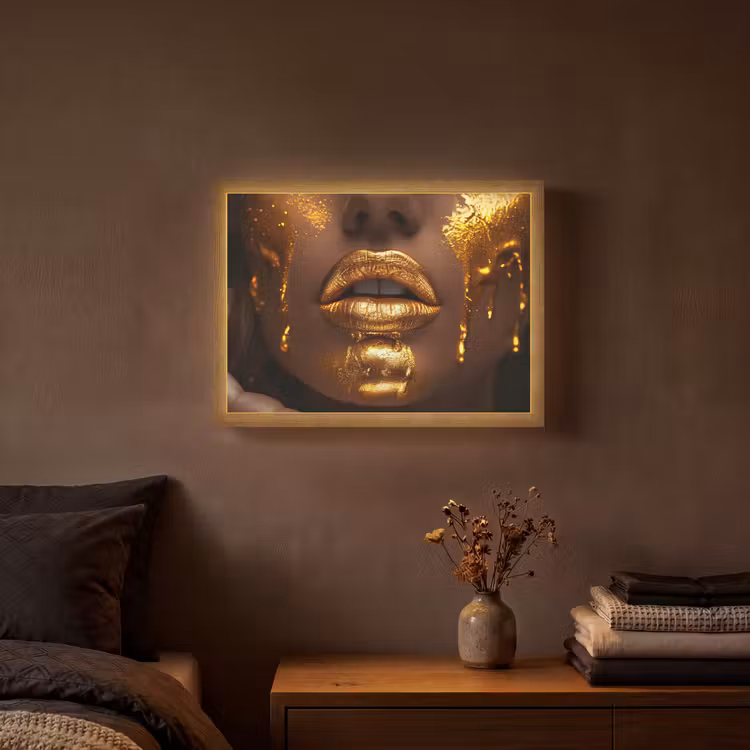 Vrouw - Goud - Gezicht - Verf - Lippen Light Box met batterij (Wandlamp) middel -sfeer4