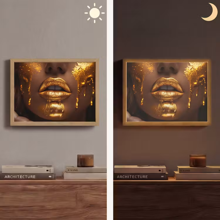 Vrouw - Goud - Gezicht - Verf - Lippen Light Box met batterij (Wandlamp) middel -sfeer3