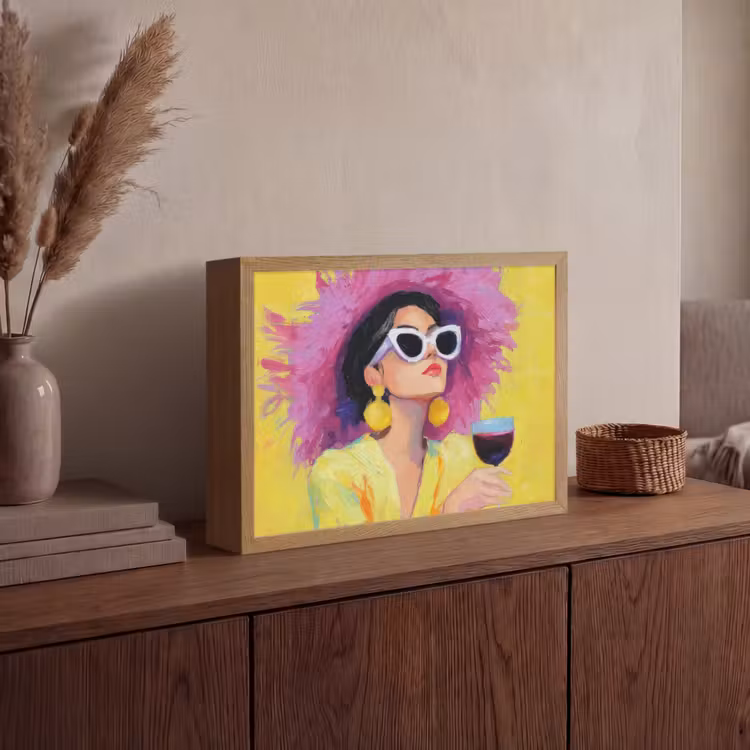 Vrouw - Hoed - Paars - Wijn Light Box met batterij (Wandlamp) middel -sfeer2