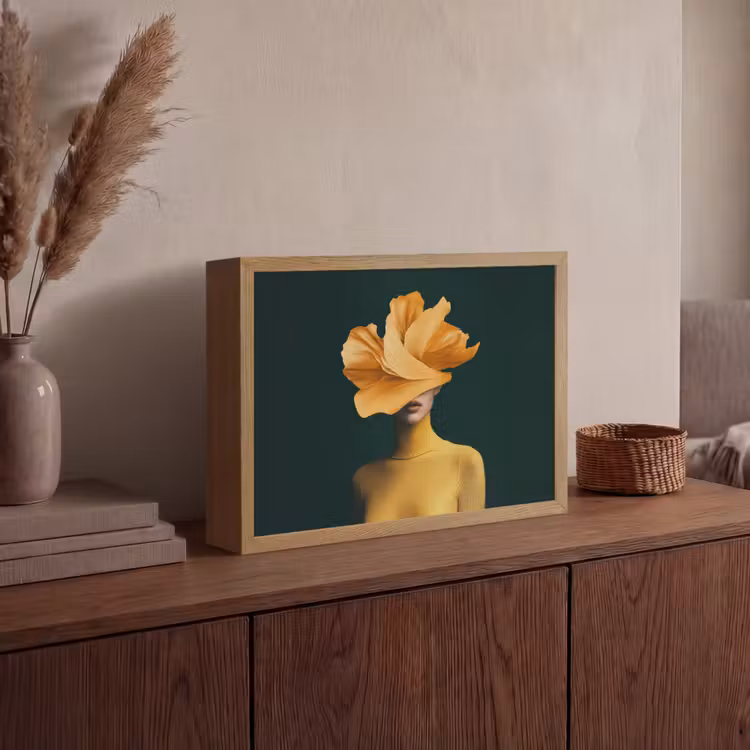 Vrouw - Hoed - Geel Light Box met batterij (Wandlamp) middel -sfeer2