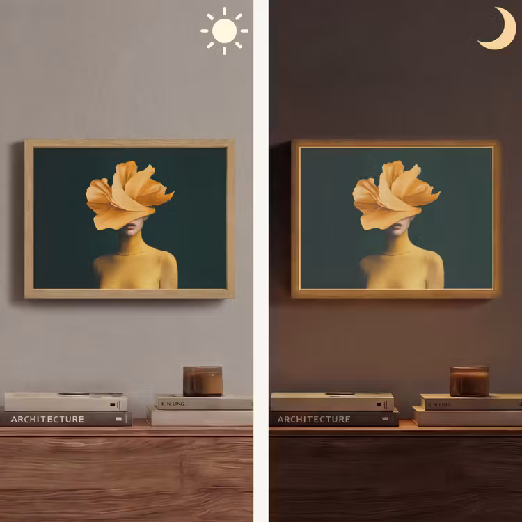 Vrouw - Hoed - Geel Light Box met batterij (Wandlamp) middel -sfeer3