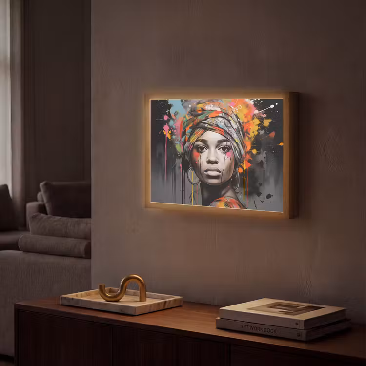 Vrouw - Hoofddoek - Graffiti - Zwart Light Box met batterij (Wandlamp) middel -sfeer1