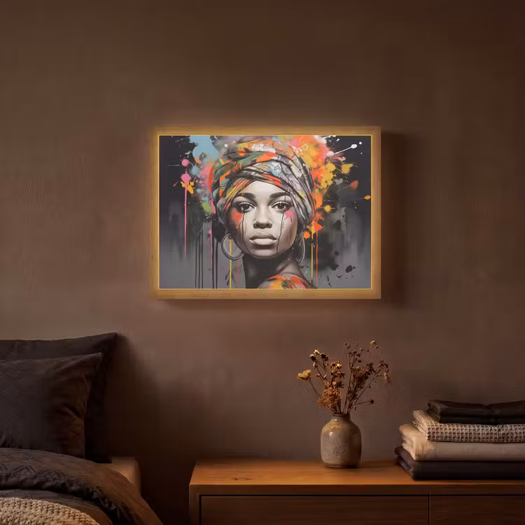 Vrouw - Hoofddoek - Graffiti - Zwart Light Box met batterij (Wandlamp) middel -sfeer4