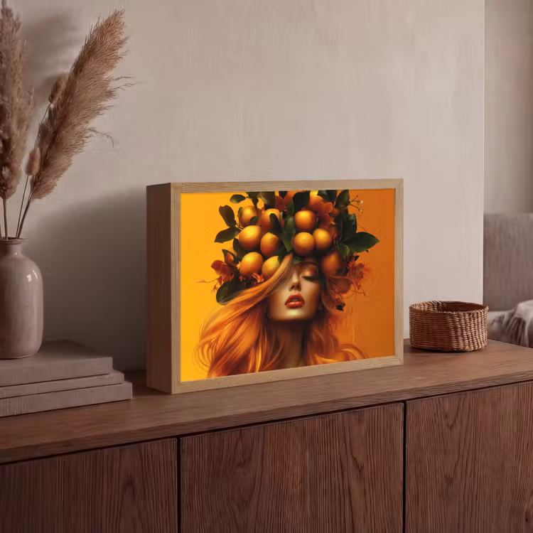 Vrouw - Citroenen - Bloesem - Geel Light Box met batterij (Wandlamp) middel -sfeer2