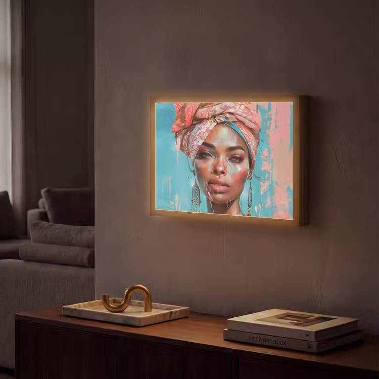 Vrouw - Portret - Blauw - Roze - Modern Light Box met batterij (Wandlamp) middel -sfeer1