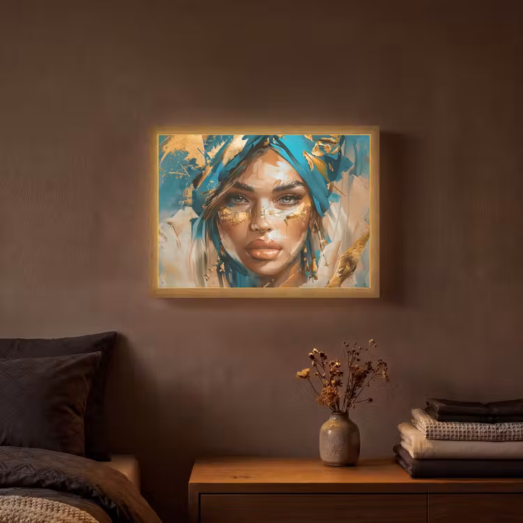 Vrouw - Portret - Goud - Luxe - Blauw Light Box met batterij (Wandlamp) middel -sfeer4