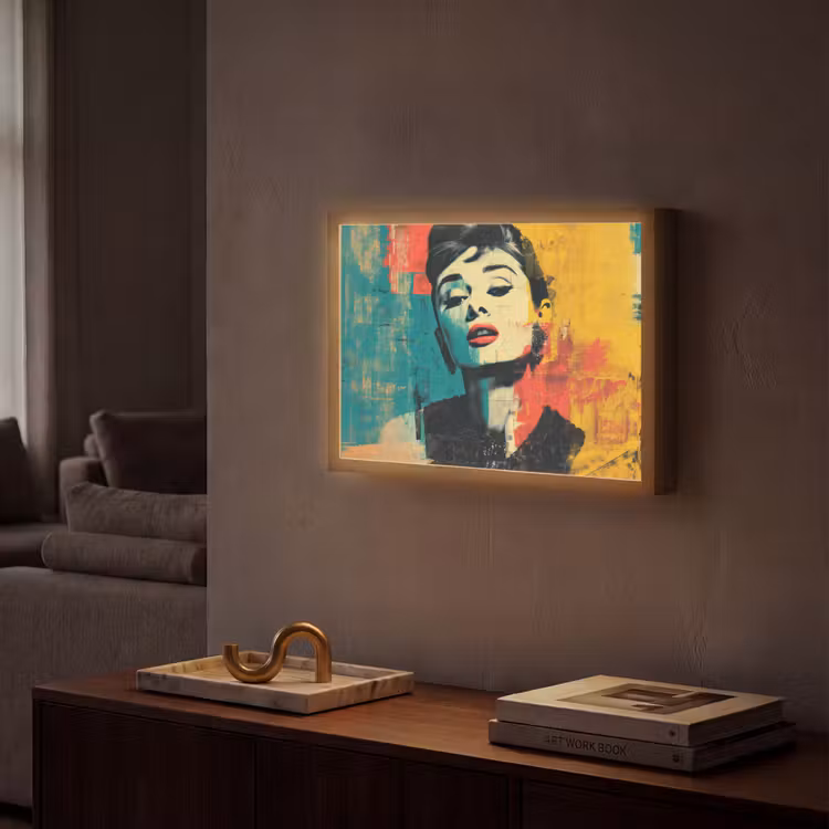 Vrouw - Rode lippen - Expressief - Grafisch Light Box met batterij (Wandlamp) middel -sfeer1