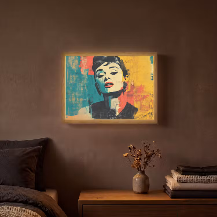 Vrouw - Rode lippen - Expressief - Grafisch Light Box met batterij (Wandlamp) middel -sfeer4
