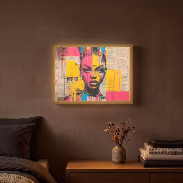 Vrouwengezicht - Krantenpapier - Abstract - Roze Light Box met batterij (Wandlamp) middel -sfeer4