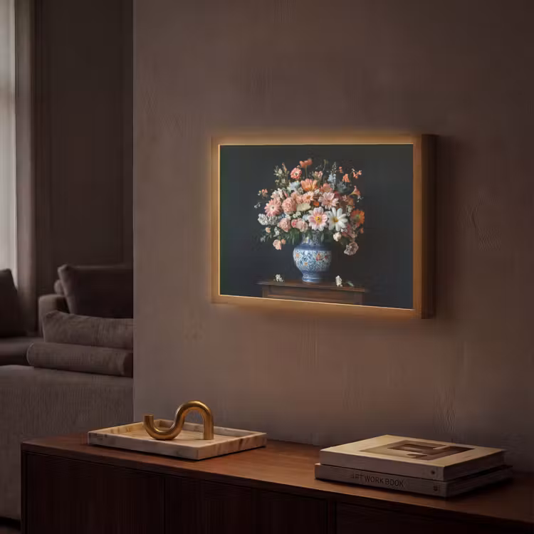 Hout - Vaas - Kleuren - Bloemen Light Box met batterij (Wandlamp) middel -sfeer1