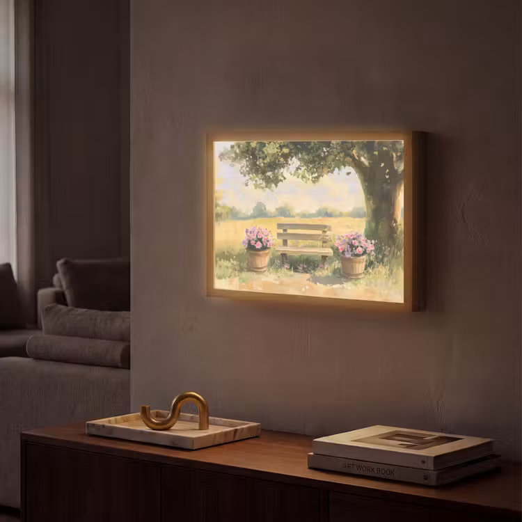 Houten bankje - Bloempotten - Landschap Light Box met batterij (Wandlamp) middel -sfeer1