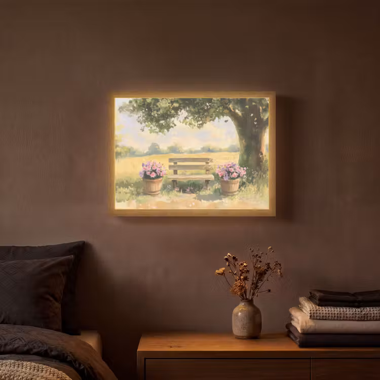 Houten bankje - Bloempotten - Landschap Light Box met batterij (Wandlamp) middel -sfeer4