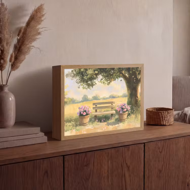 Houten bankje - Bloempotten - Landschap Light Box met batterij (Wandlamp) middel -sfeer2