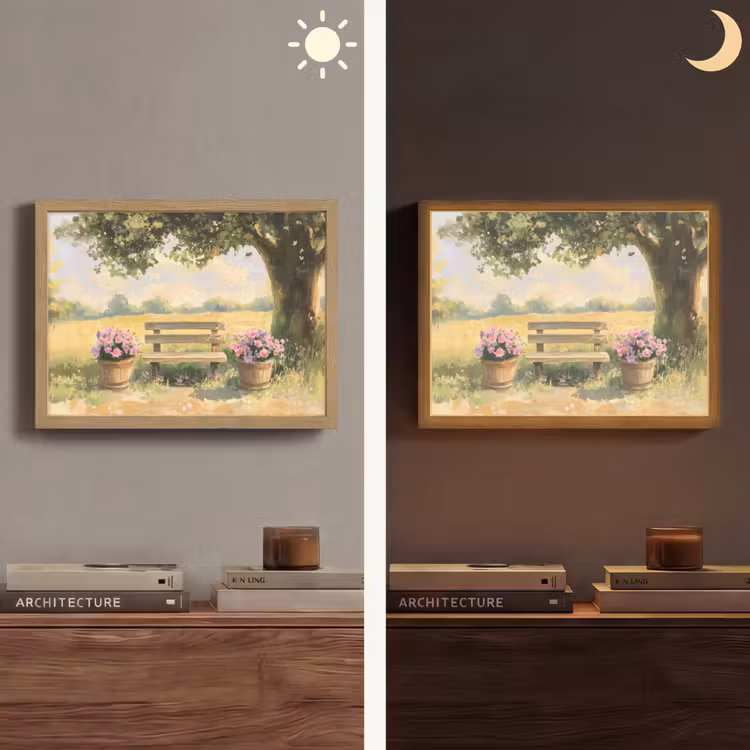 Houten bankje - Bloempotten - Landschap Light Box met batterij (Wandlamp) middel -sfeer3