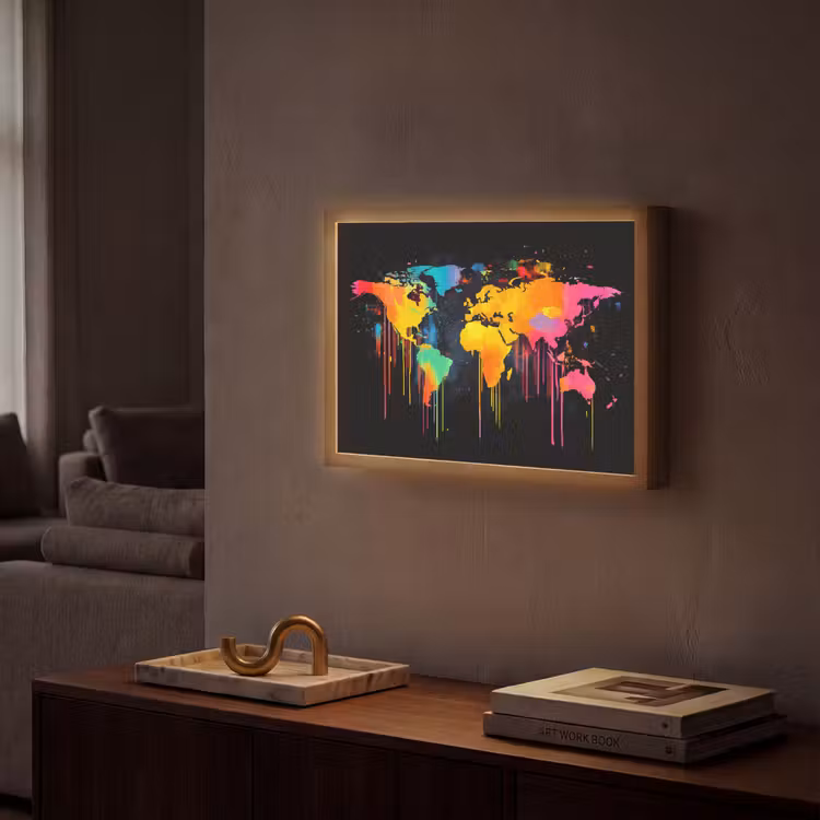 Wereldkaart - Verf - Kleurrijk - Graffiti - Wereld Light Box met batterij (Wandlamp) middel -sfeer1