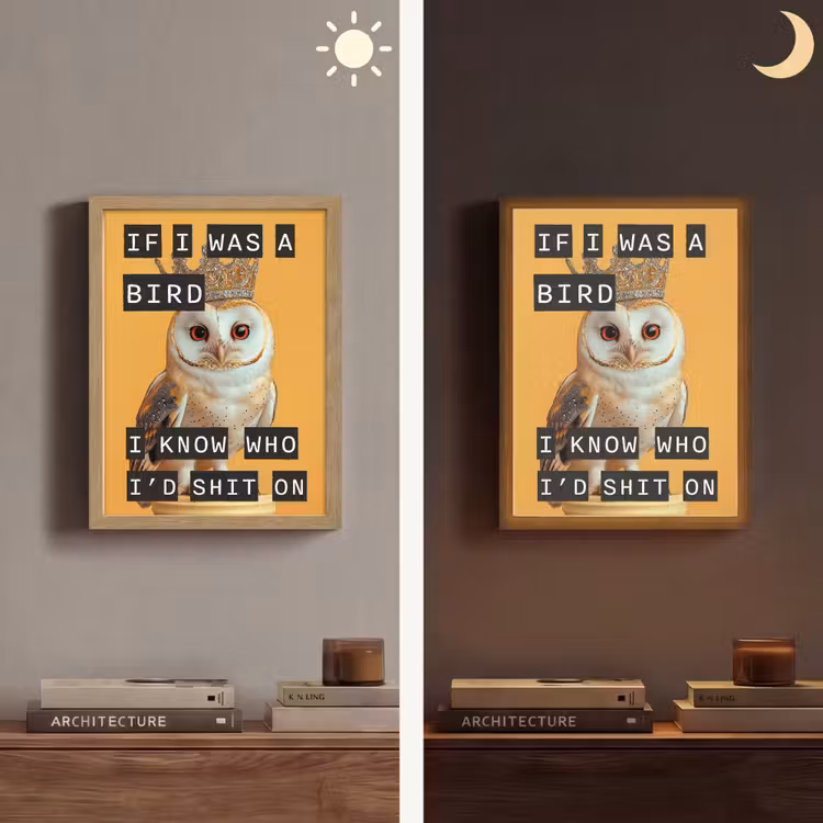 Geel - Uil - Vogel - Decoratie Light Box met batterij (Wandlamp) middel -sfeer3
