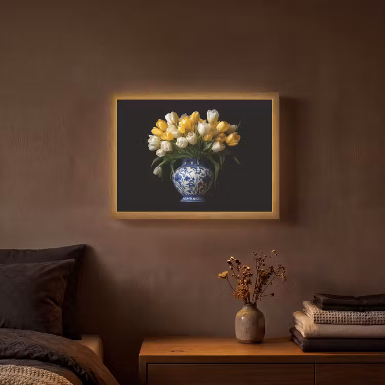 Geel - Tulpen - Vaas - Bloemen Light Box met batterij (Wandlamp) middel -sfeer4