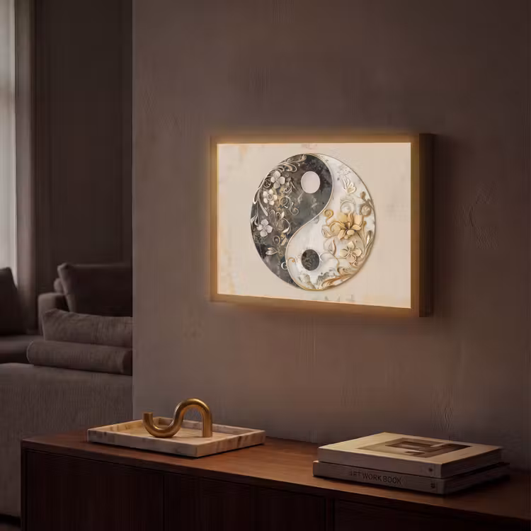Yin Yang - Bloemen - Zwart - Wit - Vintage Light Box met batterij (Wandlamp) middel -sfeer1