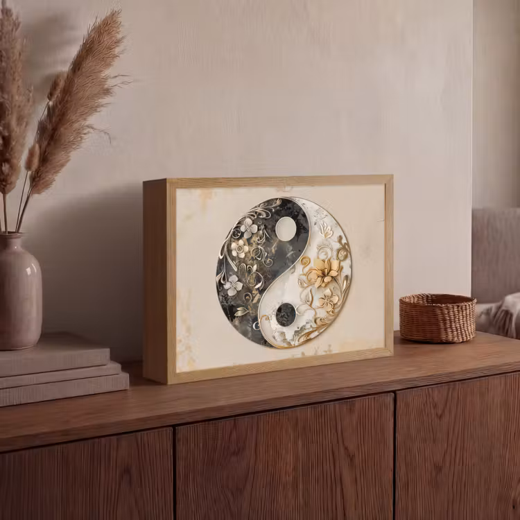 Yin Yang - Bloemen - Zwart - Wit - Vintage Light Box met batterij (Wandlamp) middel -sfeer2