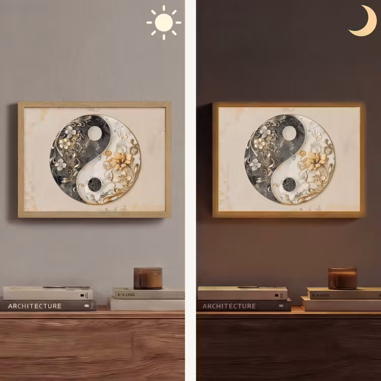 Yin Yang - Bloemen - Zwart - Wit - Vintage Light Box met batterij (Wandlamp) middel -sfeer3