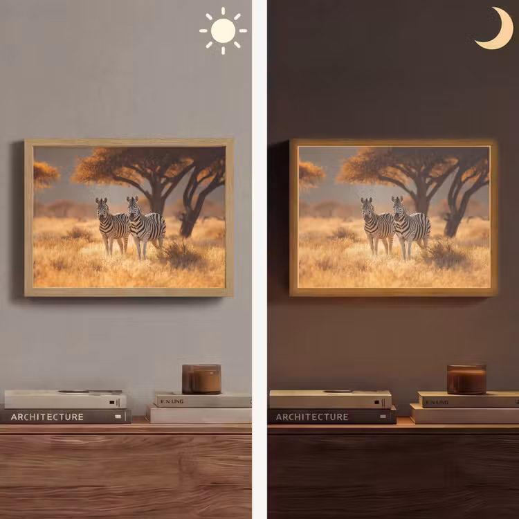 Zebra's - Savannelandschap - Gras Light Box met batterij (Wandlamp) middel -sfeer3