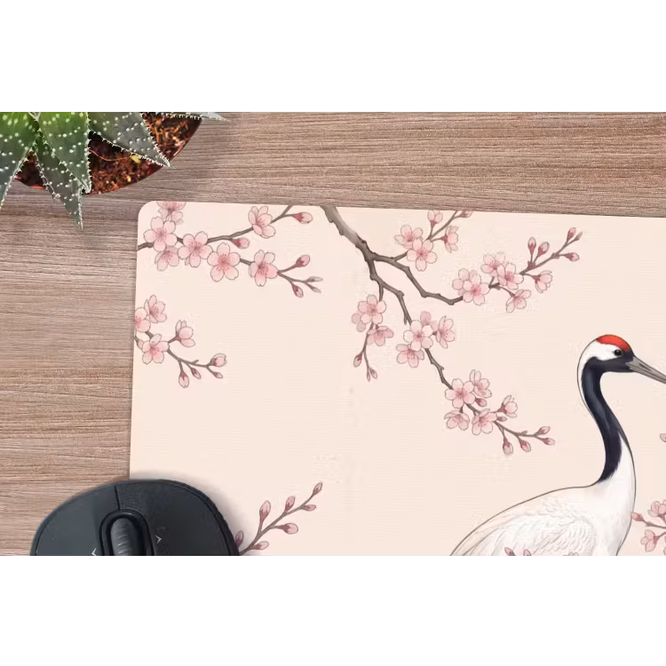 Aziatisch - Kraanvogel - Beige muismat rubber klein -closeup
