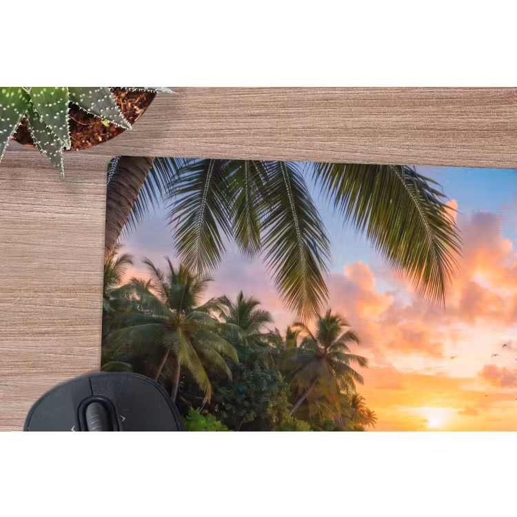 Strand - Zonsondergang - Palmbomen - Tropisch - Natuur muismat rubber klein -closeup