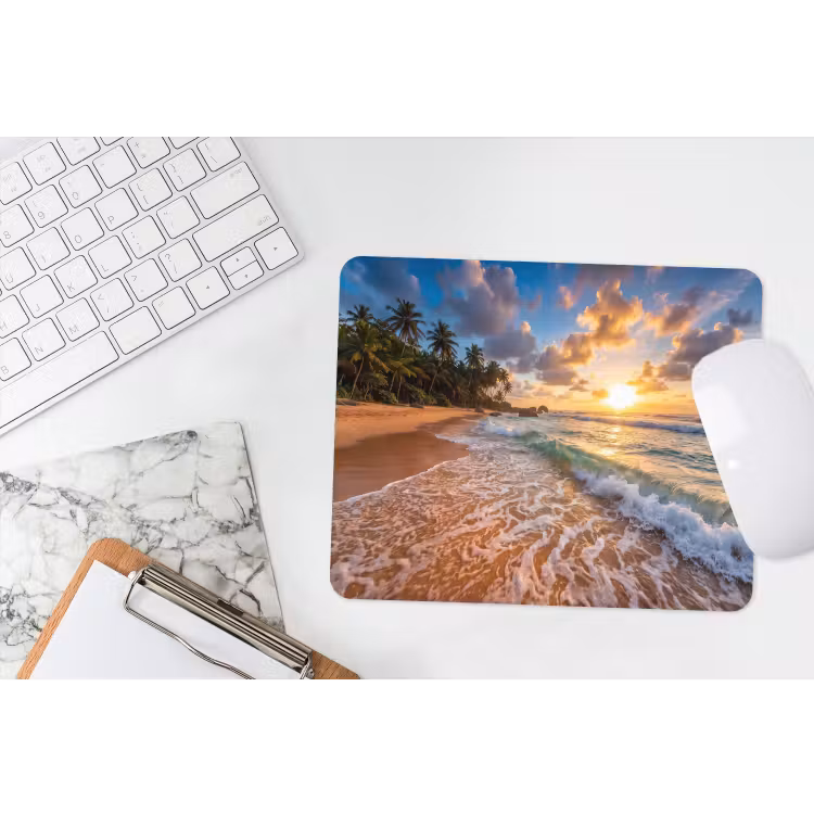 Strand - Zonsondergang - Golven - Natuur - Goud muismat rubber klein -witbureau