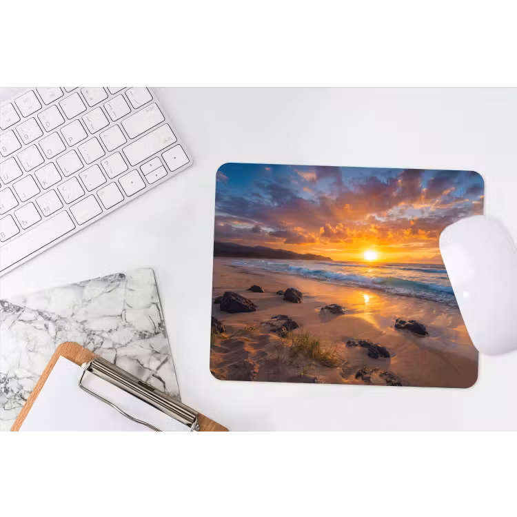 Strand - Zonsondergang - Golven - Natuur - Oranje muismat rubber klein -witbureau