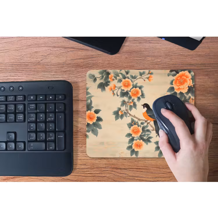 Vogel - Tak - Bloemen - Oranje muismat rubber klein -toetsenbord