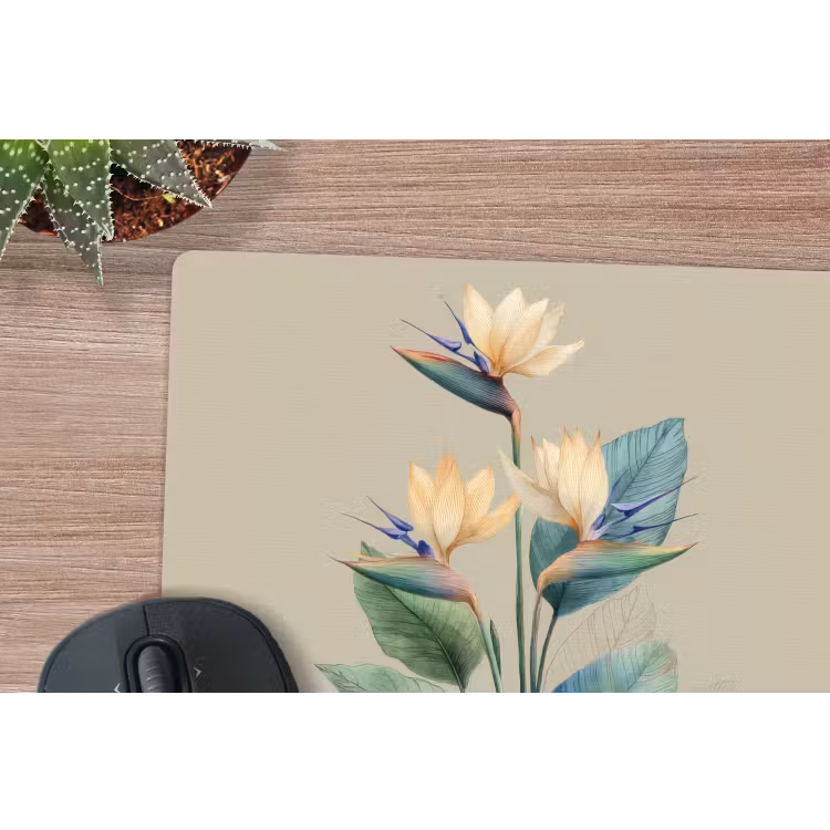 Paradijsvogelbloemen - Blauwgroene bladeren - Beige muismat rubber klein -closeup