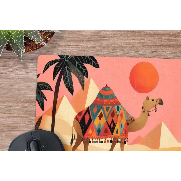 Kameel - Pyramides - Rode zon muismat rubber klein -closeup