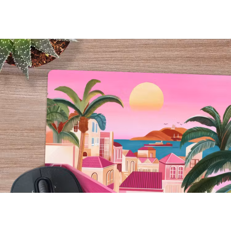 Stad - Roze - Palmbomen muismat rubber klein -closeup