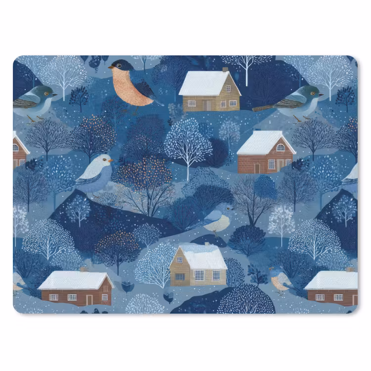 Huisjes - Vogels - Sneeuw - Winter - Blauw muismat rubber klein 262 -3d