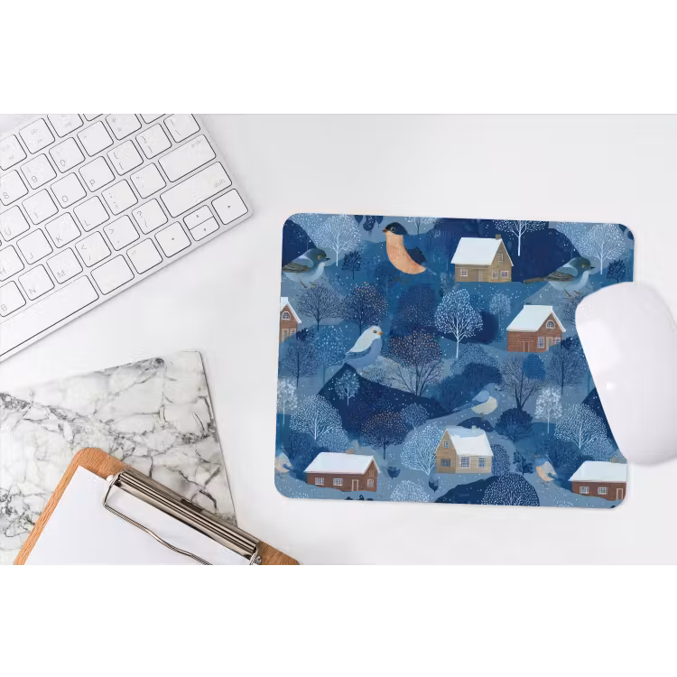 Huisjes - Vogels - Sneeuw - Winter - Blauw muismat rubber klein 262 -witbureau