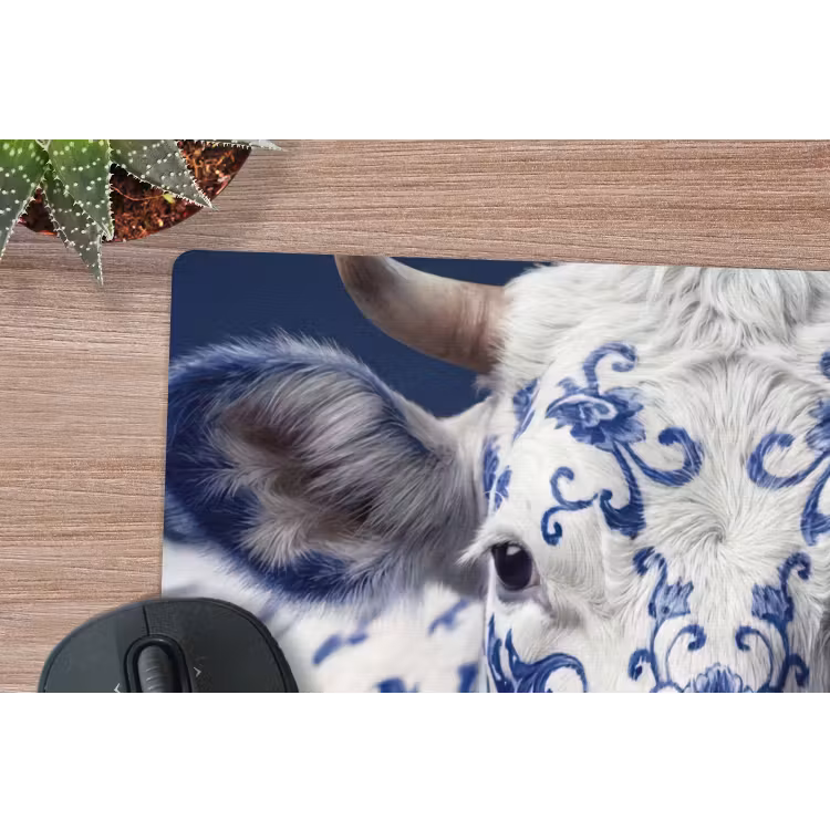 Koe - Delfts - Blauw - Artistiek muismat rubber klein -closeup