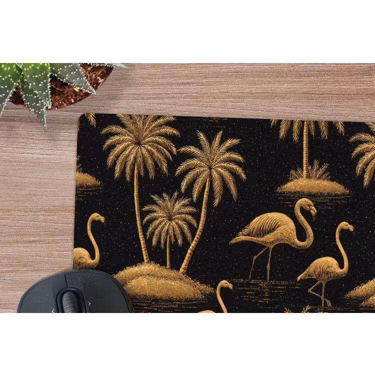 Flamingo - Palmbomen - Tropisch - Goud - Zwart muismat rubber klein 262 -closeup