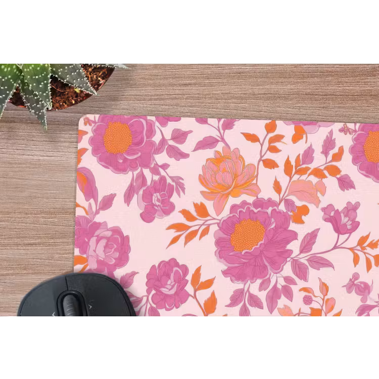 Bloemenpatroon - Roze - Oranje - Bloemen muismat rubber klein -closeup