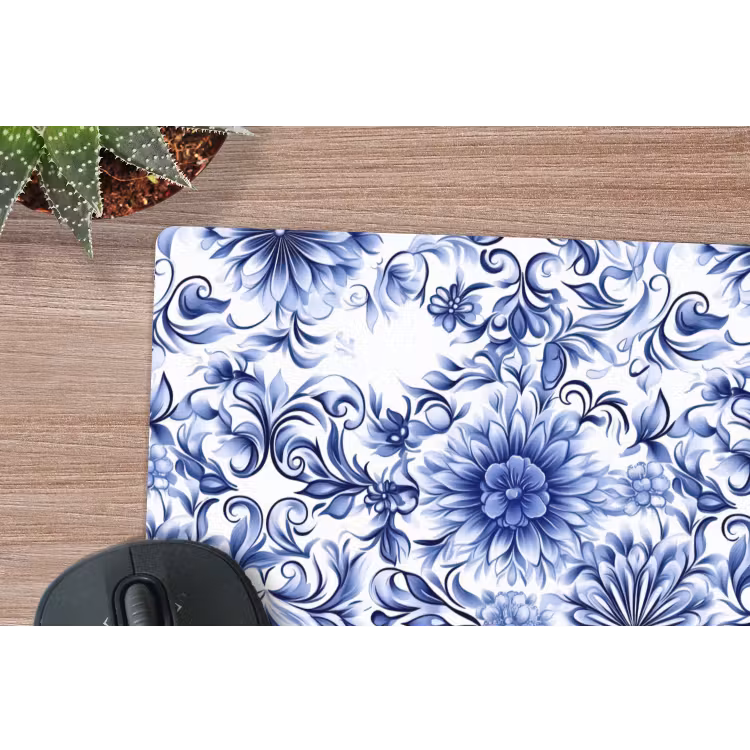 Bloemen - Blauw - Patroon - Wit muismat rubber klein 262 -closeup