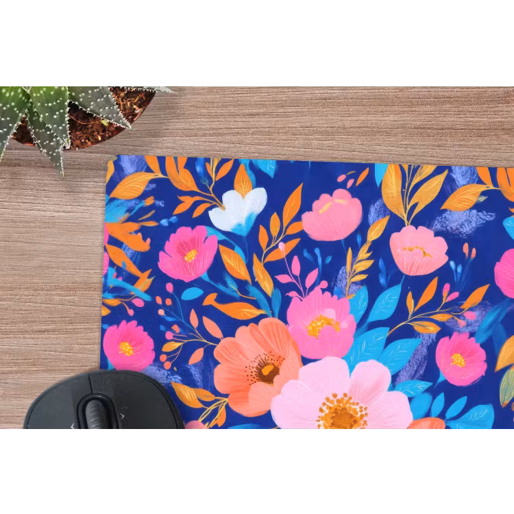 Bloemen - Blauw - Roze muismat rubber klein -closeup