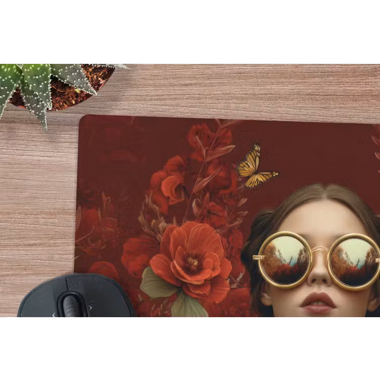 Bloemen - Dieprood - Zonnebril - Vrouw muismat rubber klein -closeup