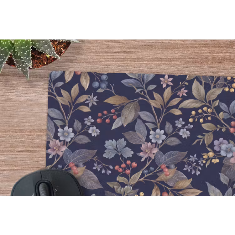 Bloemen - Bladeren - Patroon - Botanisch - Donkerblauw muismat rubber klein -closeup