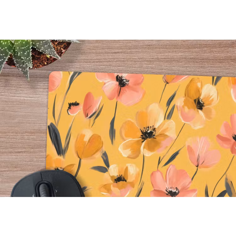 Bloemen - Geschilderd - Geel muismat rubber klein -closeup