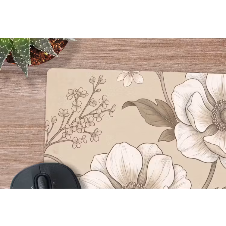 Bloemen - Patroon - Beige muismat rubber klein -closeup