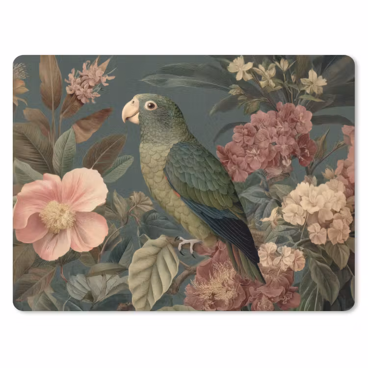 Groene papegaai - Kleurrijke bloemen - Donkere achtergrond muismat rubber klein -3d