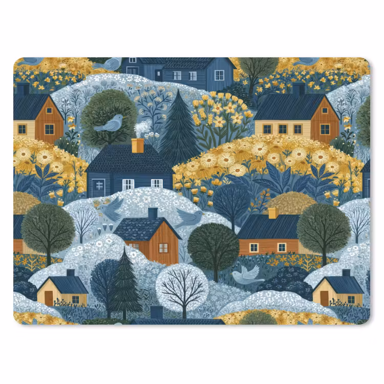 Huisjes - Bloemen - Patroon - Geel - Blauw muismat rubber klein 262 -3d