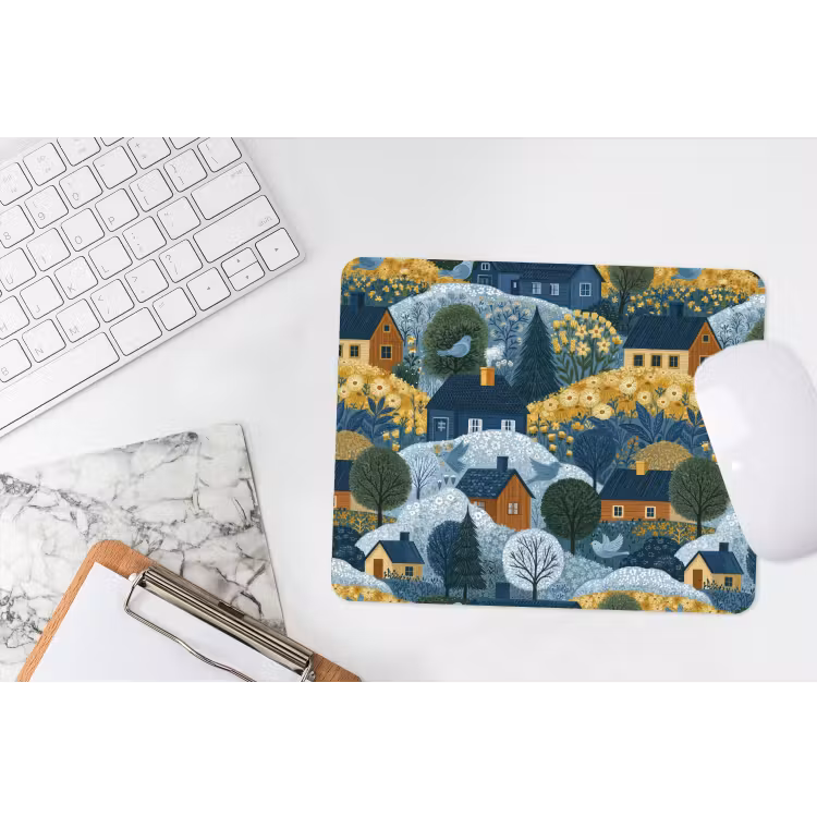 Huisjes - Bloemen - Patroon - Geel - Blauw muismat rubber klein 262 -witbureau