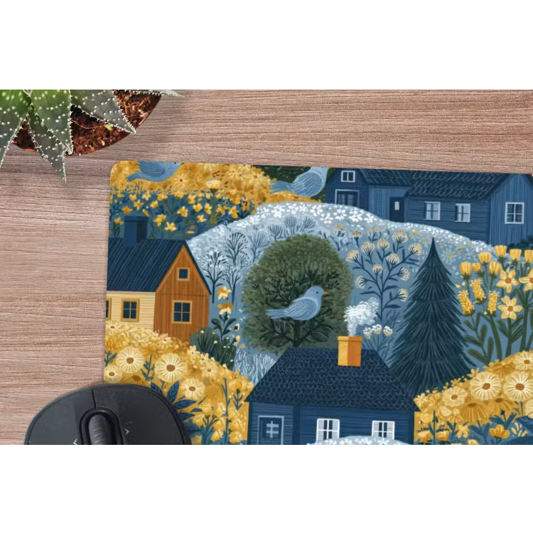 Huisjes - Bloemen - Patroon - Geel - Blauw muismat rubber klein 262 -closeup